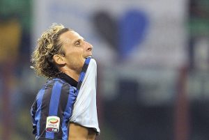 Inter Milan's Forlan reacts during the Serie A soccer match against AS Roma in Milan