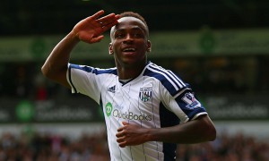 Saido Berahino salutes the West Brom fans after his second goal against Sunderland.