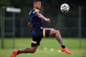 Colombia's midfielder Fredy Guarin controls the ball during a training session at the President Laudo Natel Athlete Formation Center in Cotia, Sao Paulo, on June 15, 2014. AFP PHOTO/Eitan ABRAMOVICH        (Photo credit should read EITAN ABRAMOVICH/AFP/Getty Images)
