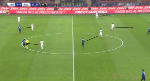 Palermo pressing near the sidelines. Notice also the lack of support for Nagatomo.
