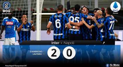 Watch – Highlights Inter 2 – 0 Napoli: Inter Back In 2nd Place After Goals From Danilo D’Ambrosio & Lautaro Martinez