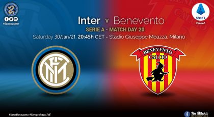 Official – Starting Lineups Inter Vs Benevento: Christian Eriksen, Andrea Ranocchia & Roberto Gagliardini Start