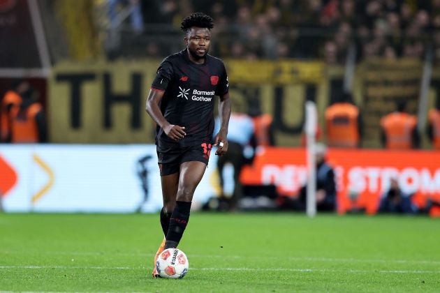 LEVERKUSEN, GERMANY - NOVEMBER 29: Edmond Tapsoba of Leverkusen runs with the ball during the Bundesliga match between Bayer 04 Leverkusen and Borussia Dortmund at BayArena on November 29, 2025 in Leverkusen, Germany. (Photo by Christof Koepsel/Getty Images)