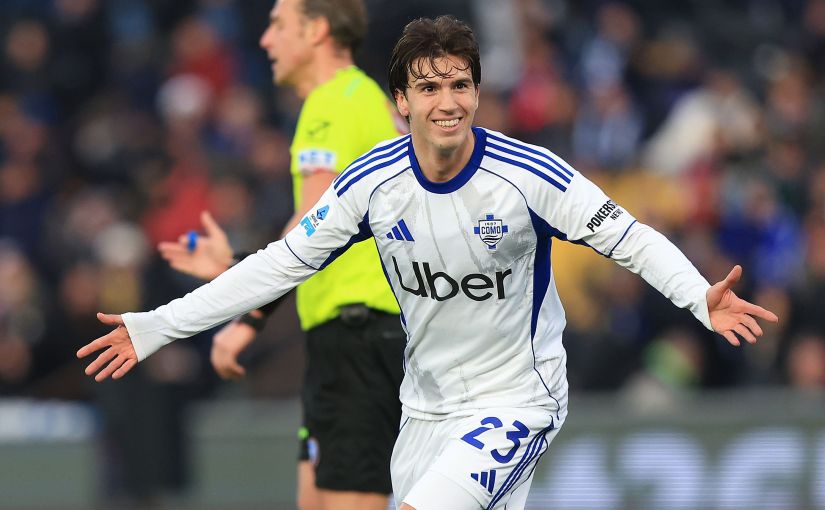 PISA, ITALY - JANUARY 6: Maximo Perrone of Como 1907 celebrates after scoring a goal during the Serie A match between Pisa SC and Como 1907 at Arena Garibaldi on January 6, 2026 in Pisa, Italy. (Photo by Gabriele Maltinti/Getty Images)