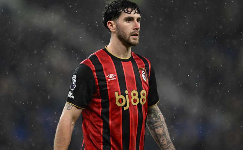 LIVERPOOL, ENGLAND - FEBRUARY 10: Marcos Senesi of Bournemouth during the Premier League match between Everton and Bournemouth at Goodison Park on February 10, 2026 in Liverpool, England. (Photo by Gareth Copley/Getty Images)