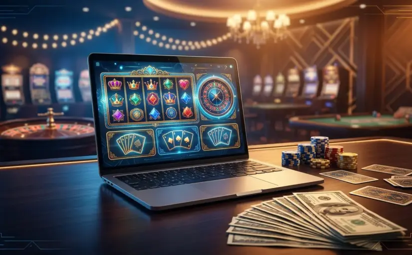 Online casino gaming interface with dollar bills on laptop, representing low-deposit casino access