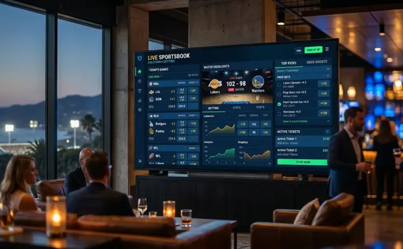 Modern California sportsbook betting interface with live odds and statistics dashboard displayed on a digital screen