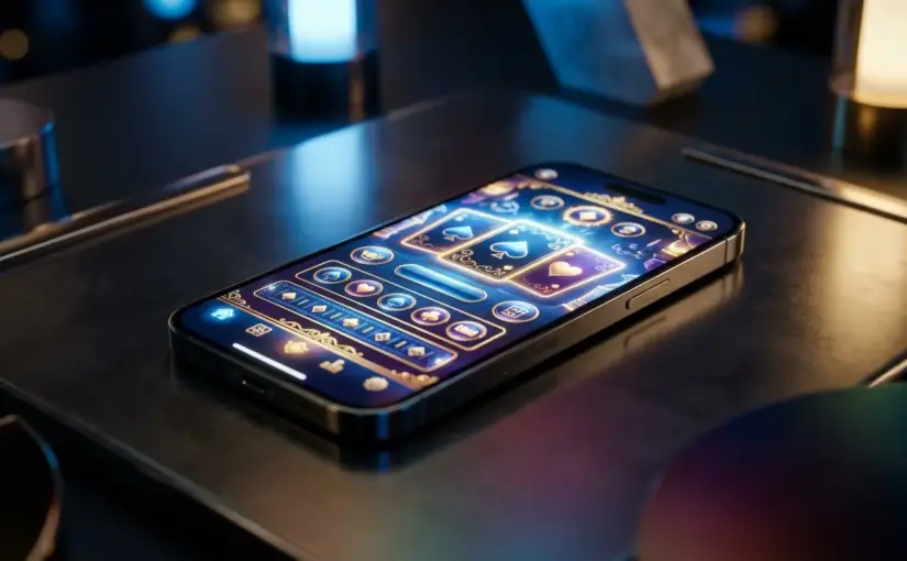 Premium mobile casino app on smartphone with modern interface design and luxury lighting
