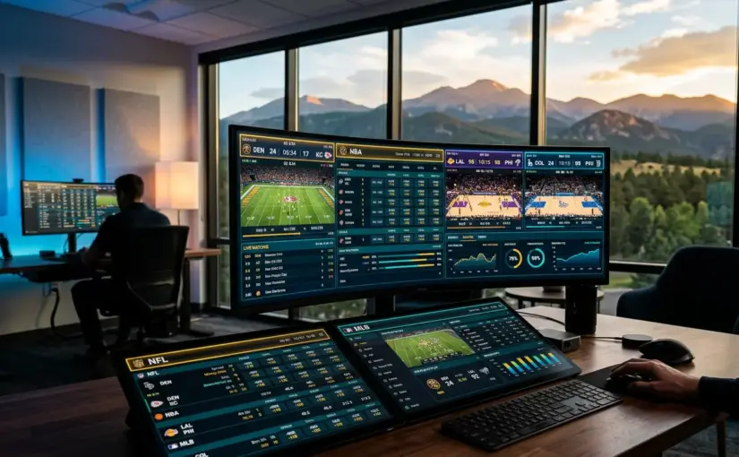 Modern sportsbook betting interface with Colorado mountain backdrop and digital sports statistics display