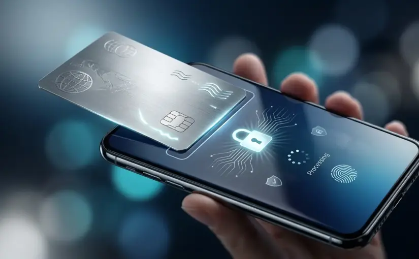 Digital credit card payment on smartphone screen with security encryption symbols