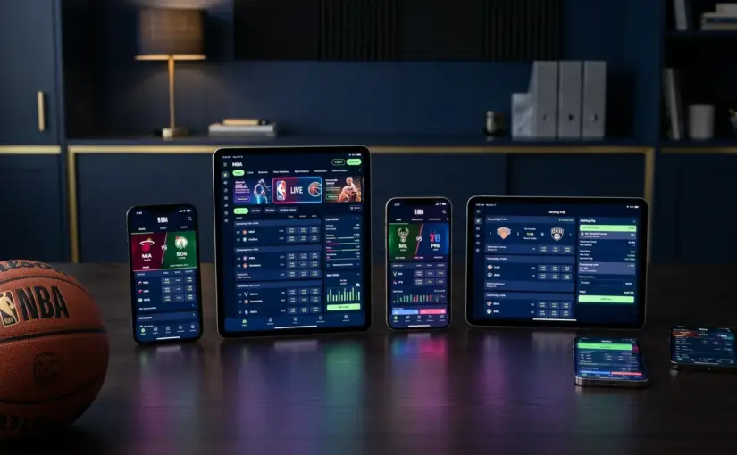 Modern NBA sports betting interfaces displayed on digital devices with basketball and betting odds