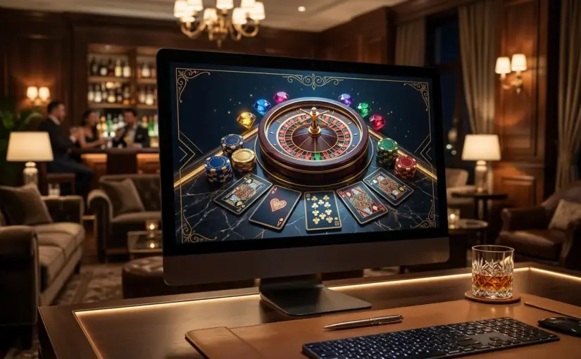 Premium online casino gaming interface displayed on desktop in luxury lounge setting with elegant ambiance