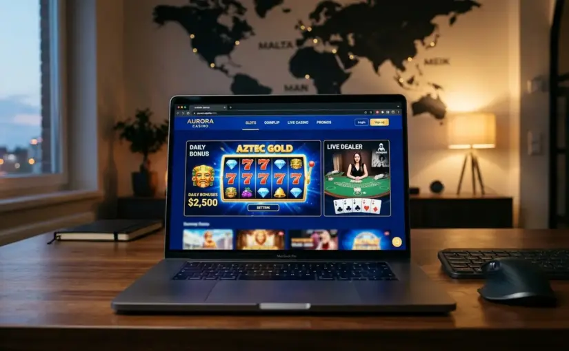 Modern online casino platform displayed on laptop screen in sophisticated digital workspace environment