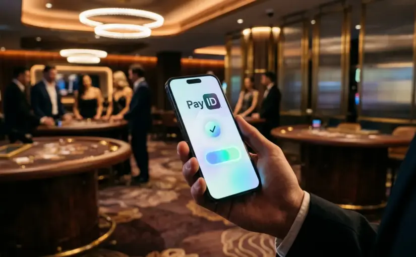 PayID payment confirmation on smartphone with casino gaming environment in background