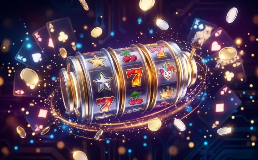 Premium online slot gaming visual with digital reels, coins, and sophisticated blue-gold color scheme