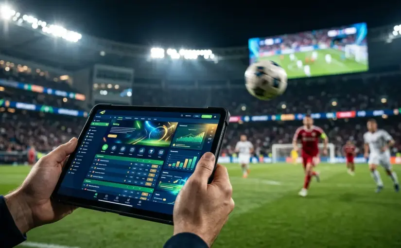 Modern soccer betting platform displayed on smartphone with stadium lights background