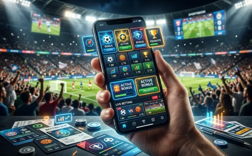 Smartphone displaying sportsbook bonus offers with stadium backdrop and dynamic betting interface