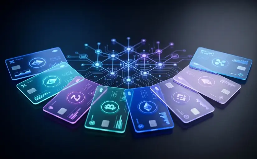 Modern digital finance dashboard displaying cryptocurrency platform alternatives with glowing cards and blockchain technology visualization