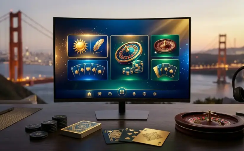 Modern digital casino gaming platform with California landscape and contemporary online gaming elements