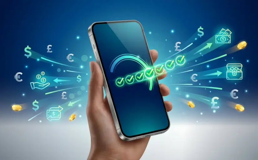 Fast casino withdrawal interface with speed indicators and checkmarks on smartphone screen