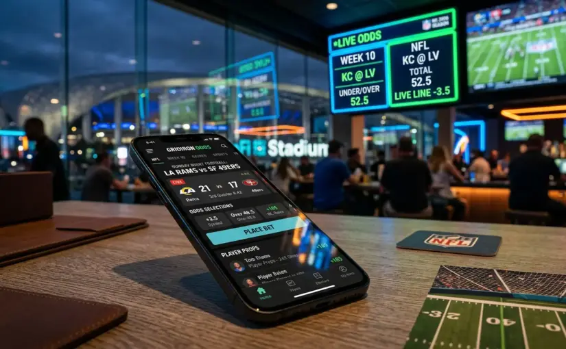 Modern smartphone displaying NFL sports betting interface with stadium lights and digital odds displays