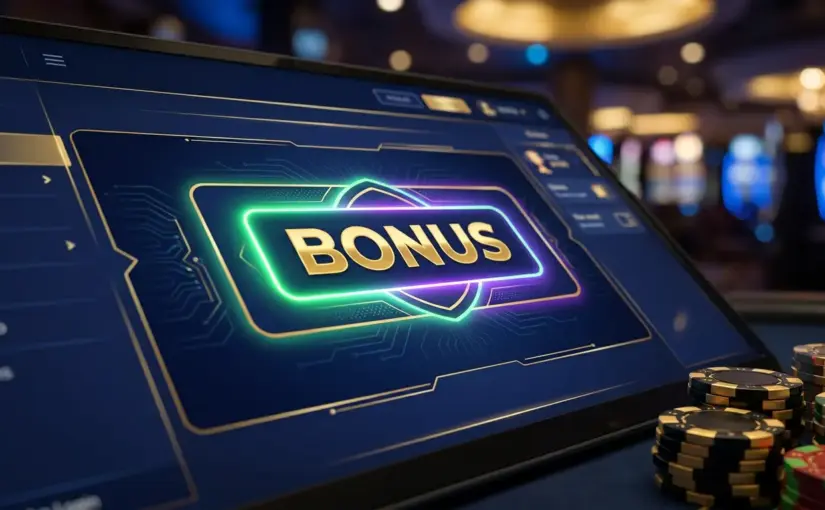 Digital casino interface with neon lighting and bonus promotional graphics