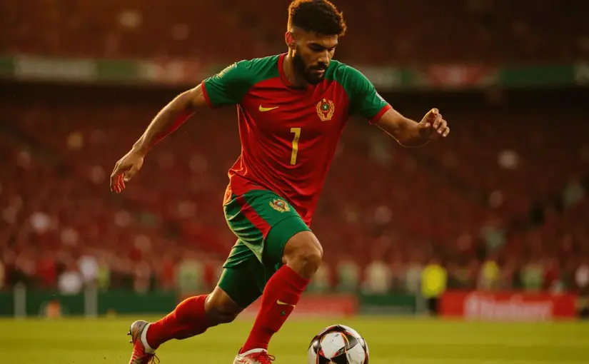 Moroccan footballer in action at World Cup stadium during crucial match