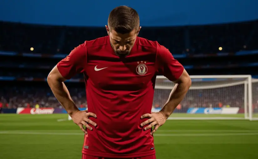Turkish footballer in red jersey showing frustration after World Cup defeat on stadium pitch