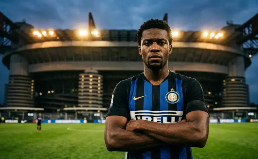 Inter Milan defender standing firm at San Siro stadium in iconic black and blue striped jersey