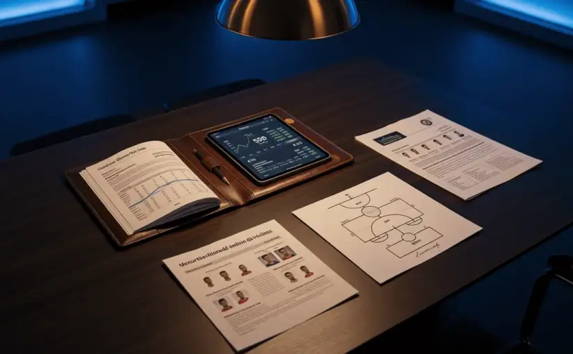 Inter Milan transfer strategy planning with financial documents and tactical diagrams on boardroom table