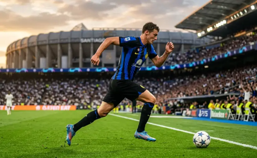 Inter Milan wing-back in action during match with Real Madrid stadium in background