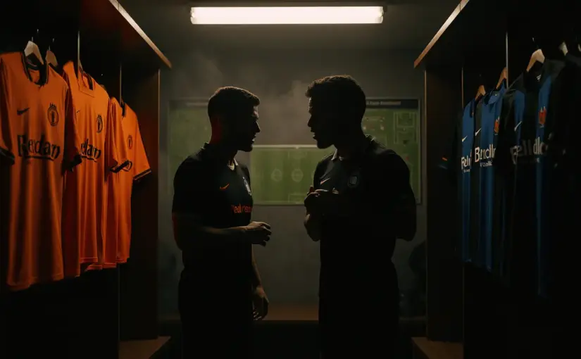 Intense football dressing room with Netherlands and Inter Milan jerseys showing contrasting team cultures
