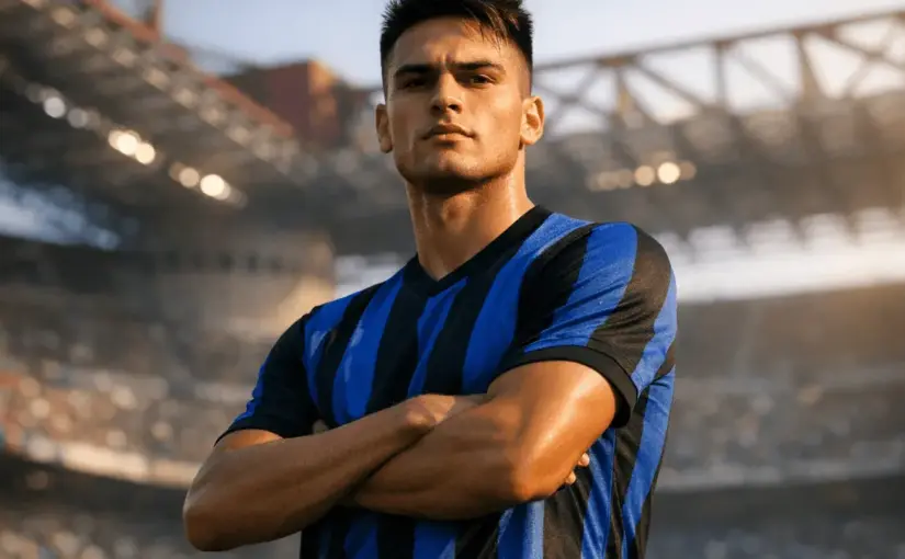 Young footballer in Inter Milan jersey at San Siro stadium representing Stankovic's return