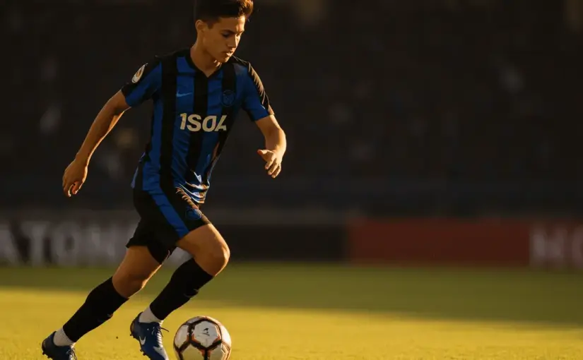 Young footballer in Inter Milan colors controlling ball on pitch during golden hour