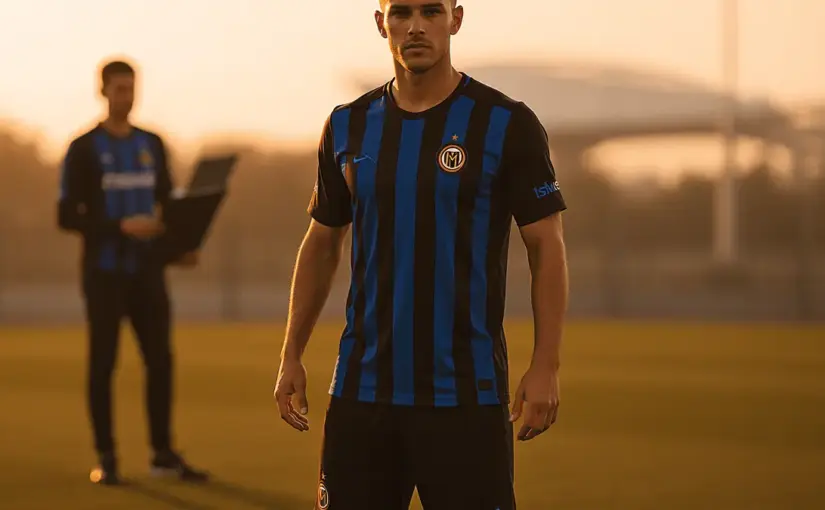 Aleksandar Stankovic in Inter Milan jersey with coach figure in background at training ground