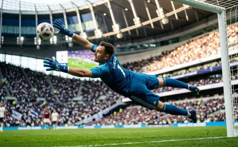 Goalkeeper making dramatic diving save in professional football match