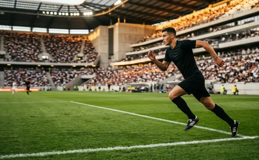 Young footballer sprinting down the flank during training in dynamic golden hour lighting
