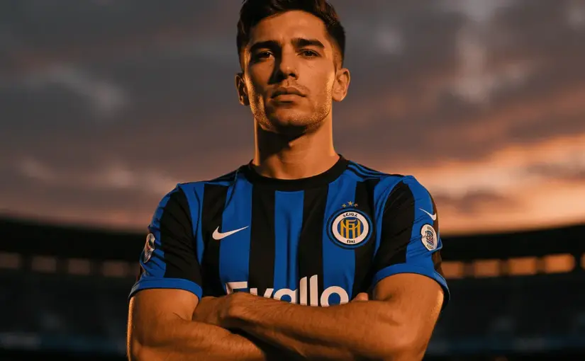 Young Inter Milan striker in Nerazzurri jersey at San Siro stadium with determined expression
