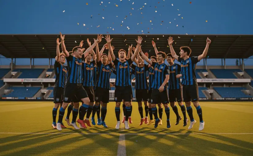 Inter U18 youth team celebrating championship victory on football pitch at sunset