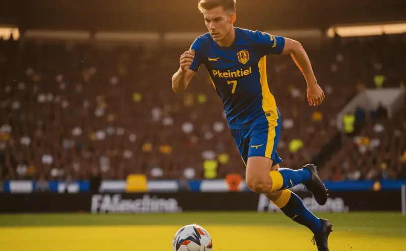 Young footballer dribbling on right wing in European stadium with dramatic lighting