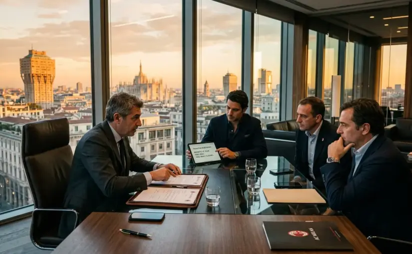 Modern football transfer negotiation office in Milan with skyline view
