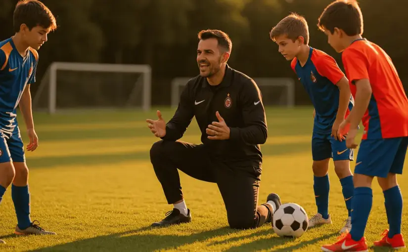 Youth football coach training young players on grass pitch during golden hour coaching session