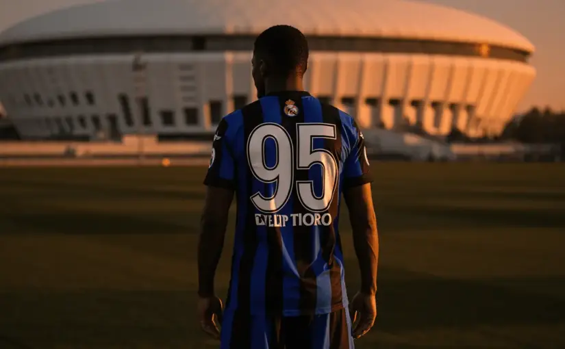 Inter Milan defender Alessandro Bastoni on pitch with Real Madrid's Bernabéu stadium in background