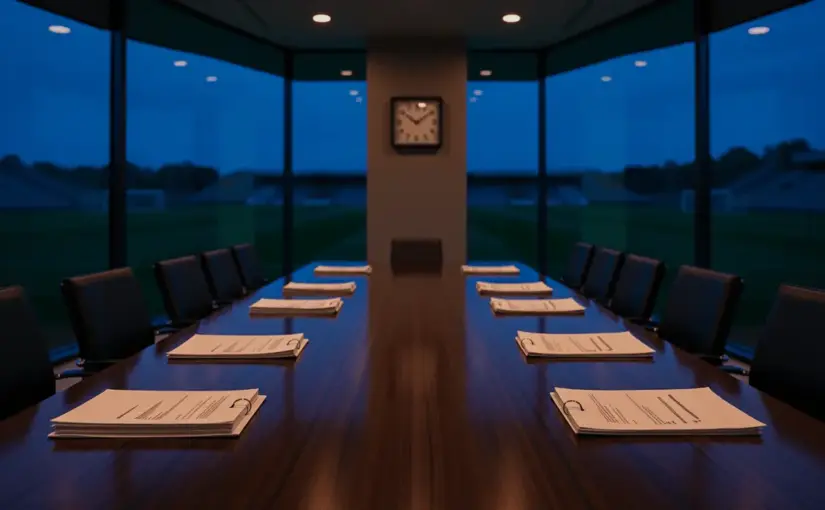 Empty boardroom with abandoned negotiations documents symbolizing frozen Inter-Udinese transfer talks