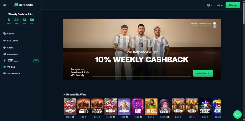 Betpanda - crypto casino homepage on a desktop