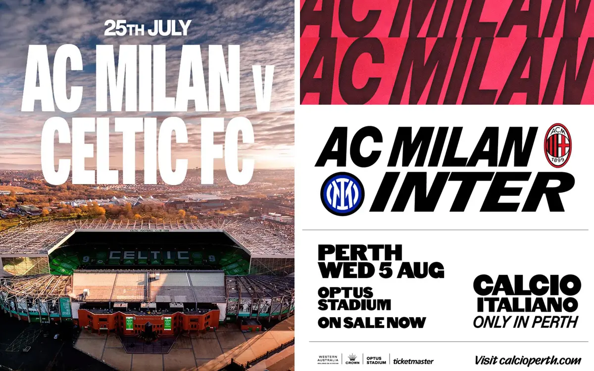 Collage featuring an AC Milan vs Celtic FC match announcement and a match preview for AC Milan vs Inter Milan.