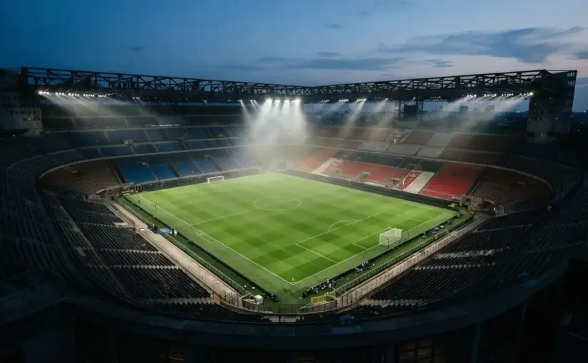 Inter Milan and Monza football stadium with blue-black and red-white team colors symbolizing player transfer