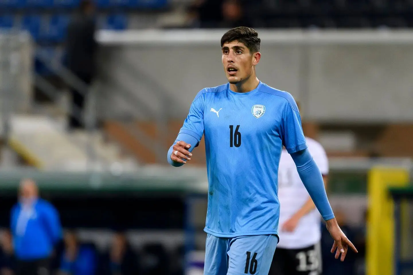 Anan Khalaili in a blue Israel national football team jersey on the field.