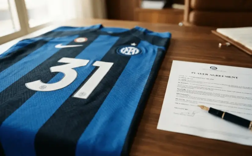 Inter Milan jersey number 31 with contract document symbolizing Bisseck's extension to 2031
