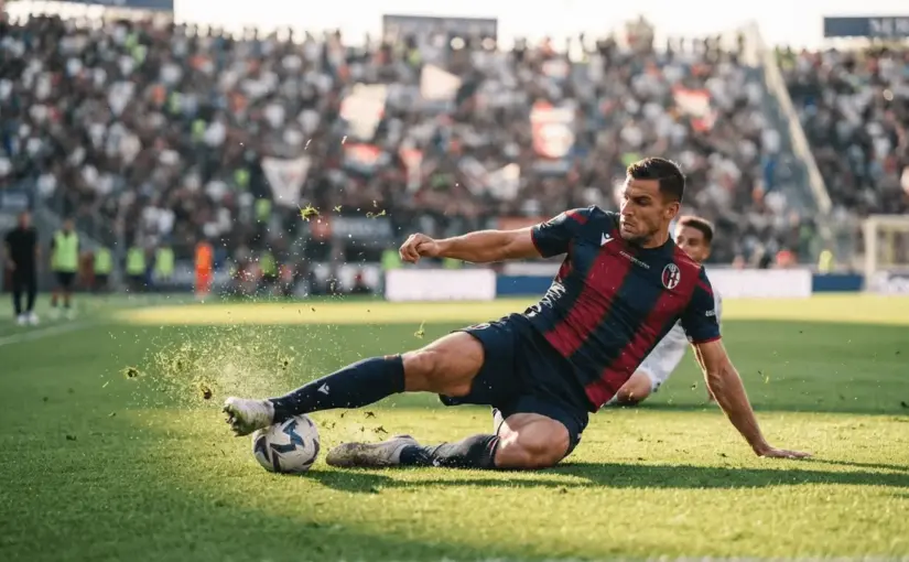 Bologna defender making a tackle during a Serie A match with stadium crowd in background
